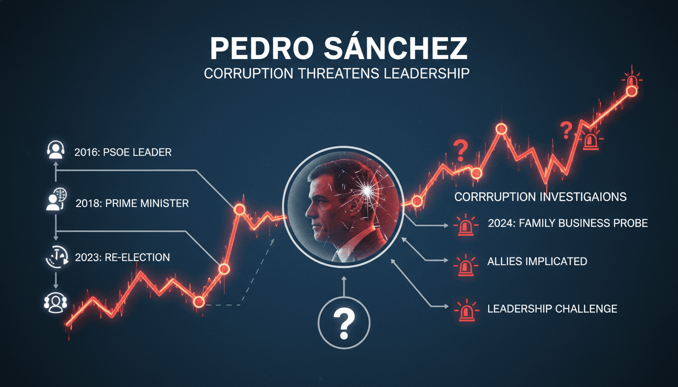 Spanish Prime Minister Pedro Sánchez addressing the media amidst corruption allegations.
