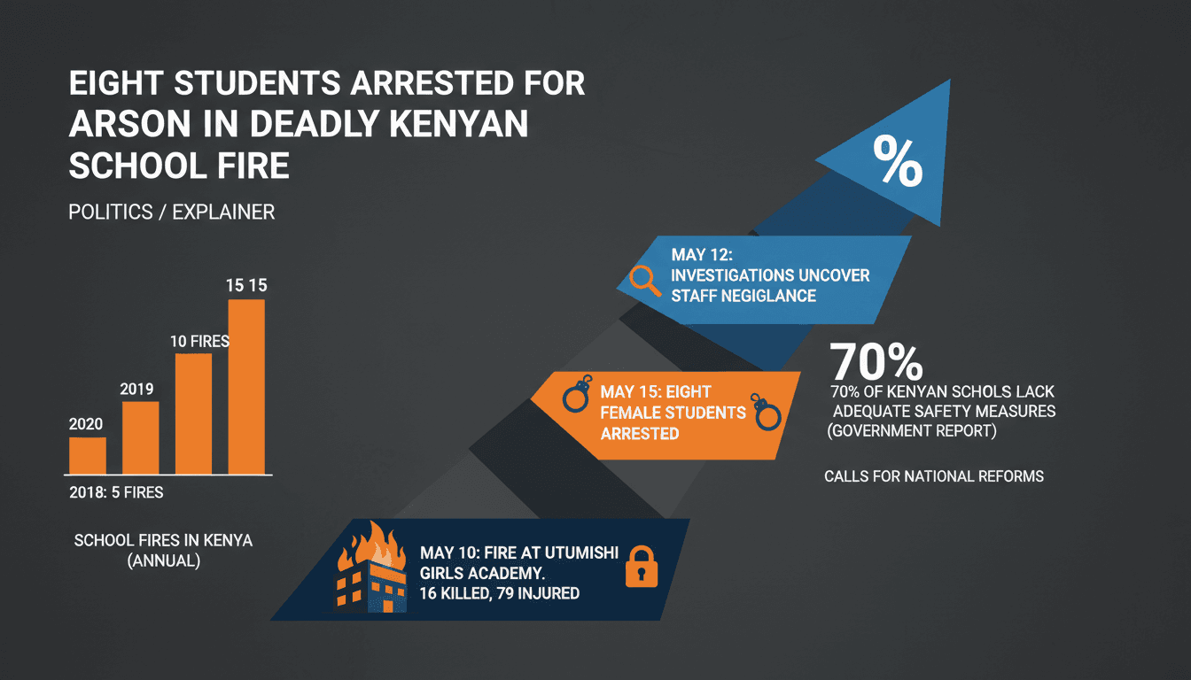 Infographic showing timeline and statistics related to the deadly dormitory fire at Utumishi Girls Academy in Kenya.