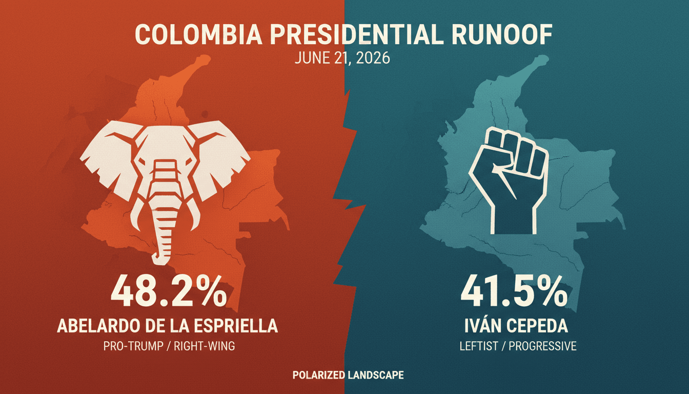 Infographic showing vote percentages for Colombia's presidential runoff candidates, highlighting political affiliations.