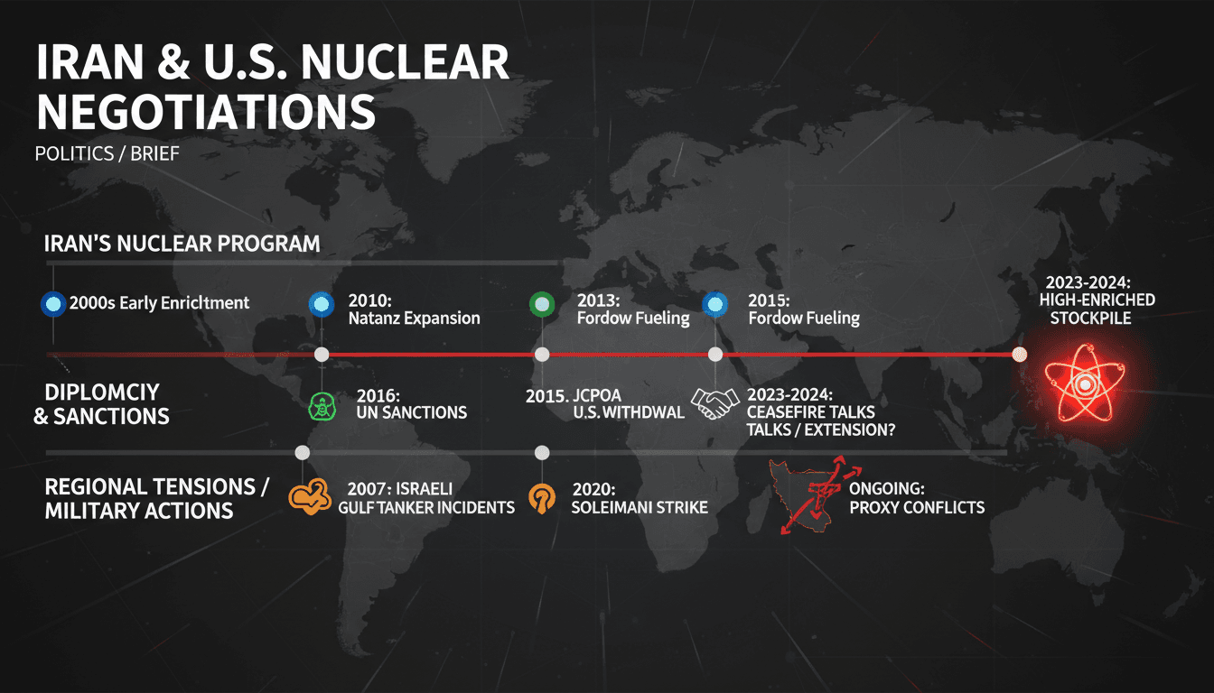 Iran and U.S. flags with a nuclear symbol representing ongoing negotiations.