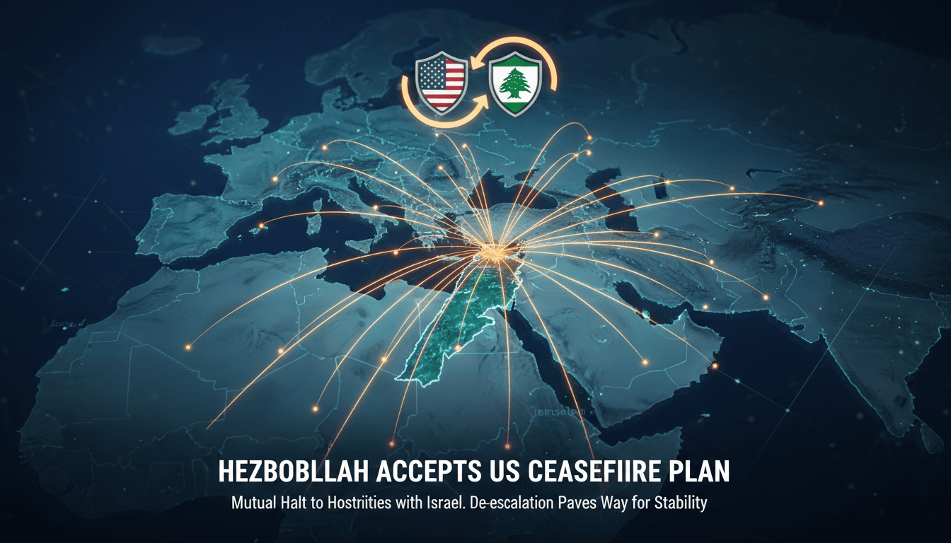 Hezbollah and Israel flags with a peace symbol representing the ceasefire agreement.