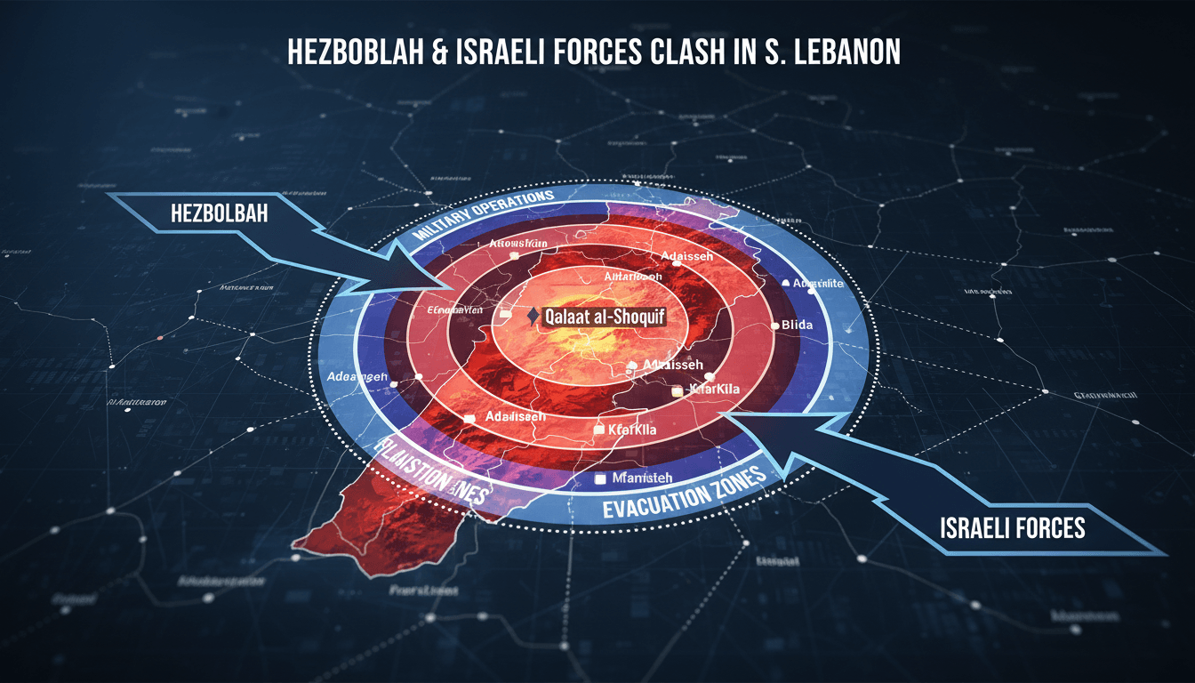 Map showing conflict zones and evacuation areas in southern Lebanon
