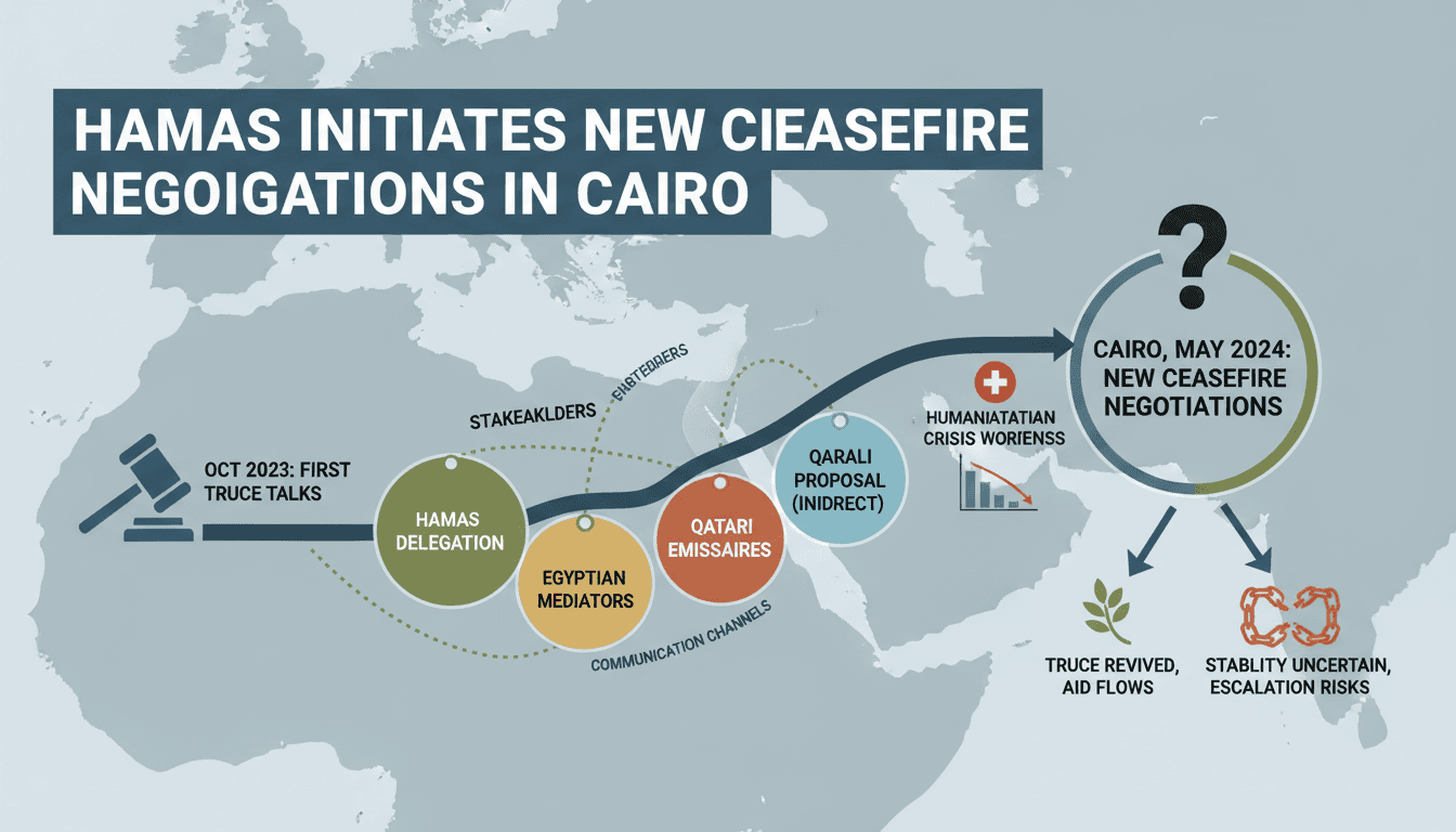 A map highlighting Gaza and Cairo with symbols of peace negotiations.