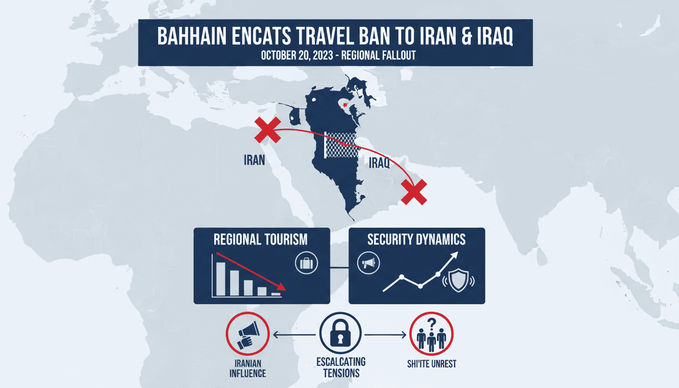 A map highlighting Bahrain's travel ban to Iran and Iraq amidst regional tensions.