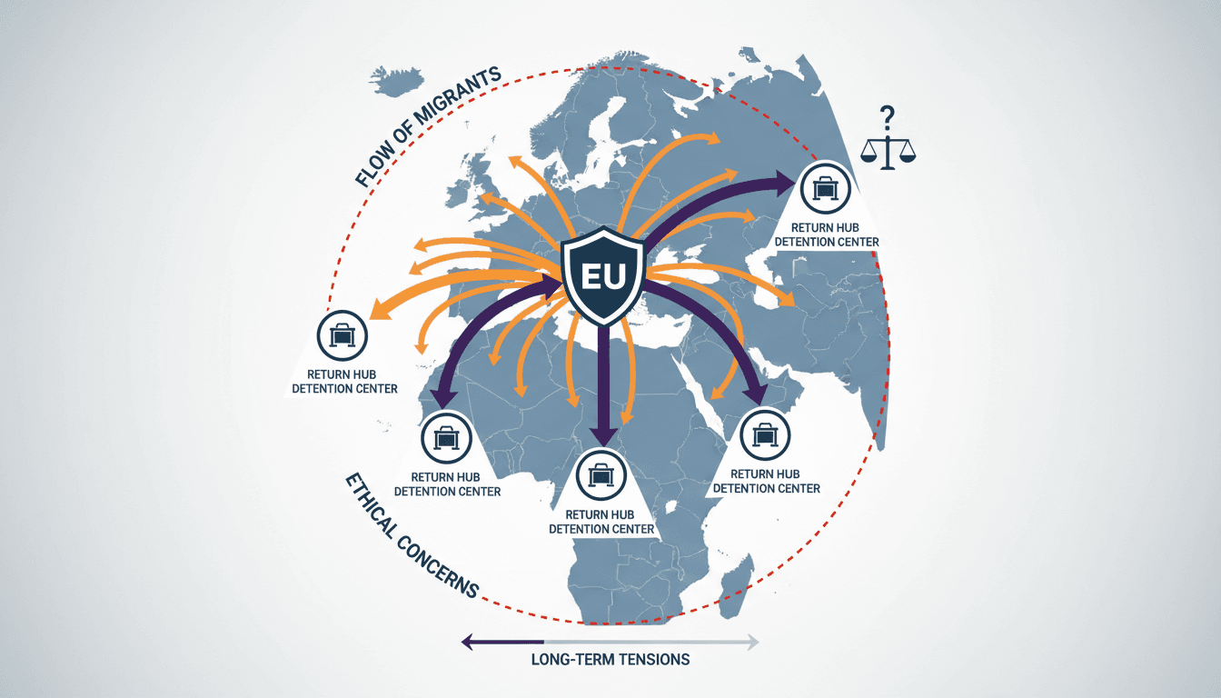 Infographic showing EU migration reform impacts and proposed detention center locations.