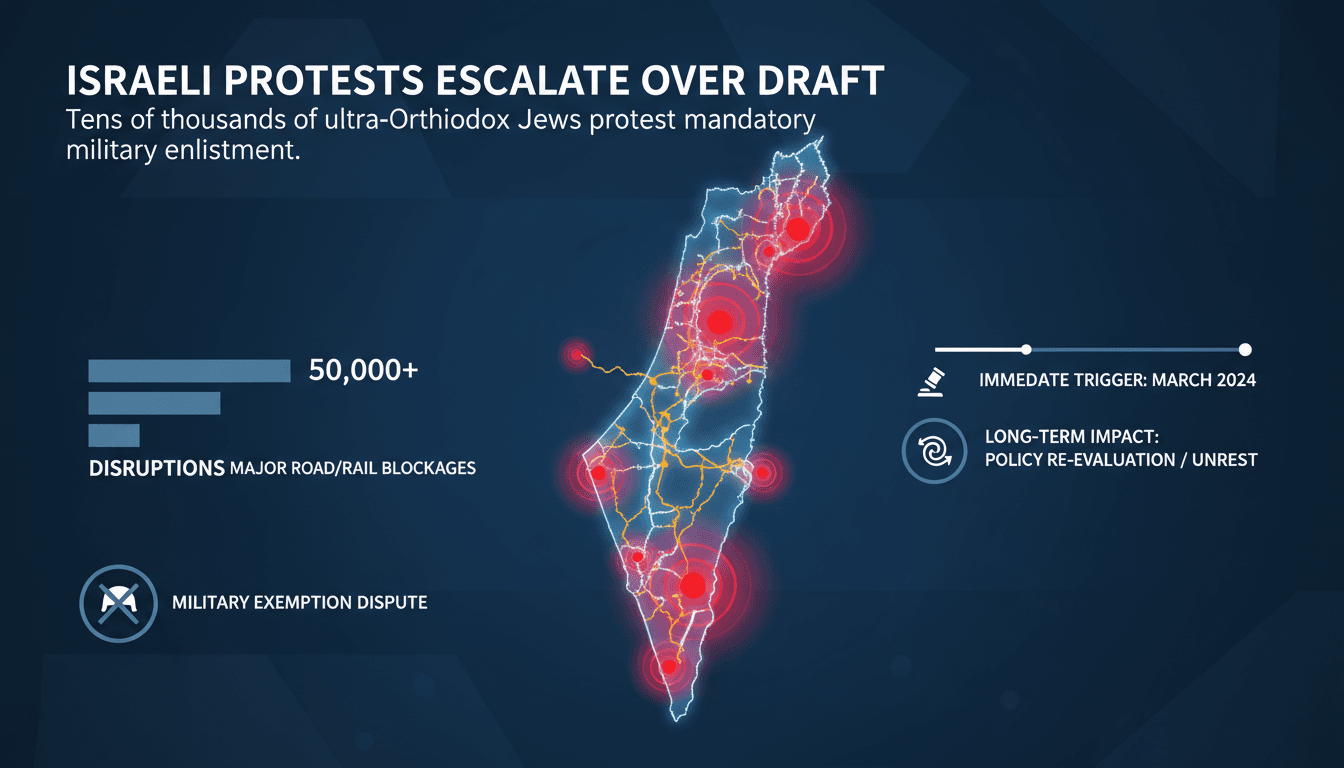 Protesters blocking roads in Jerusalem against military conscription in Israel.