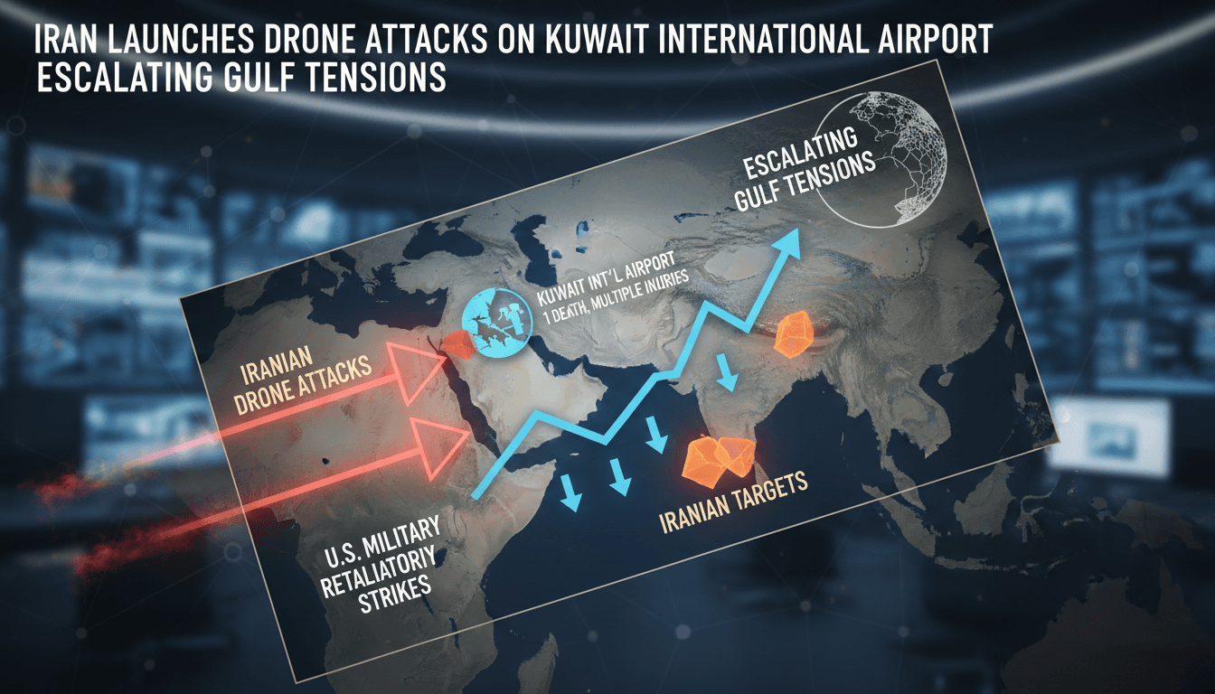 A drone flying over Kuwait International Airport amidst rising tensions.