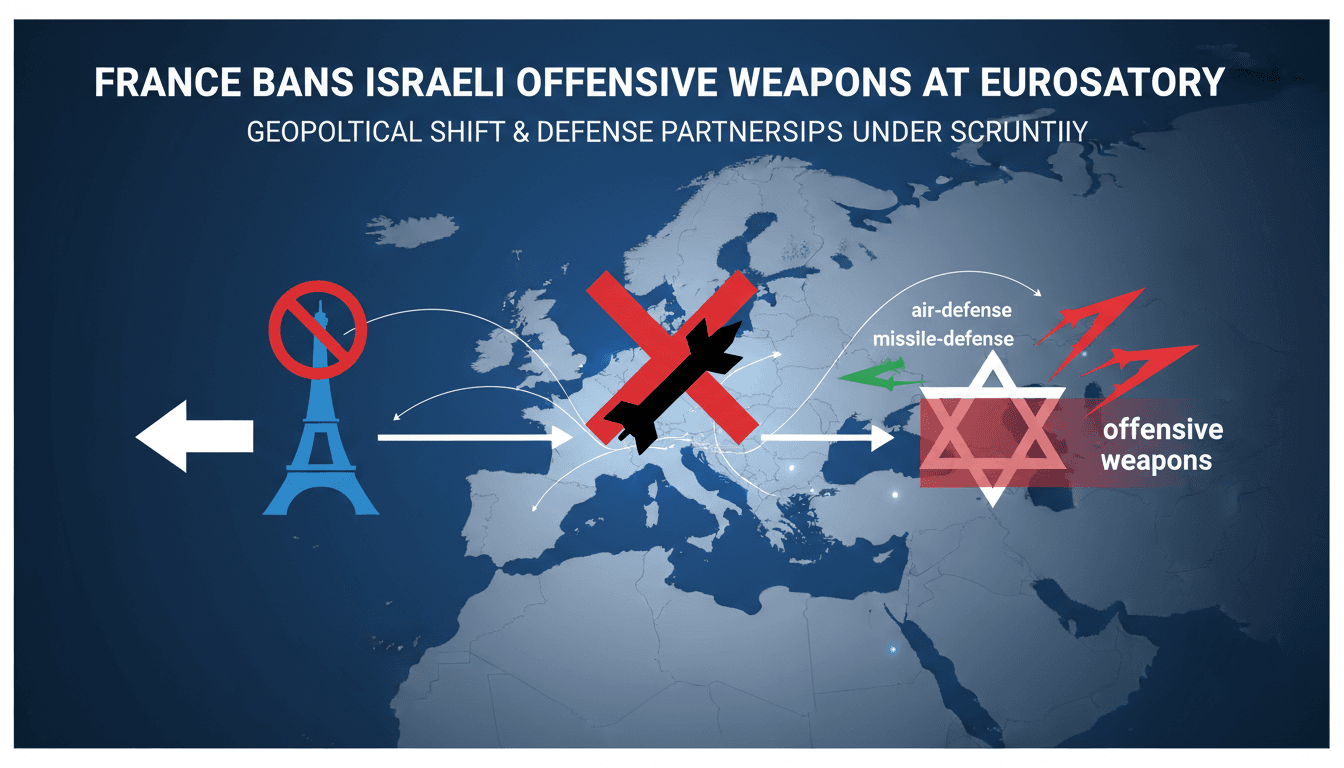 A visual representation of France's ban on Israeli offensive weapons at the Eurosatory defense exhibition, highlighting geopolitical implications.