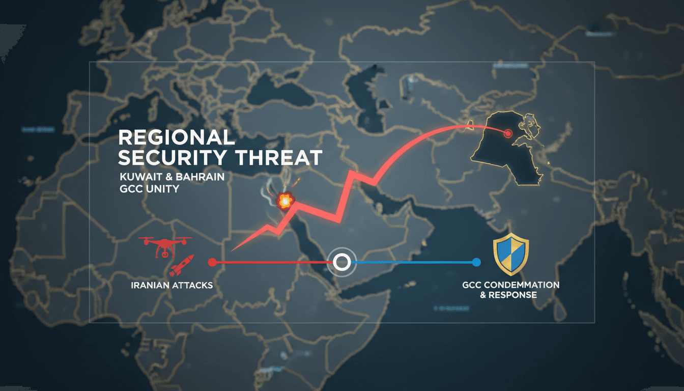 Map highlighting the GCC member states and recent Iranian attacks on Kuwait and Bahrain.