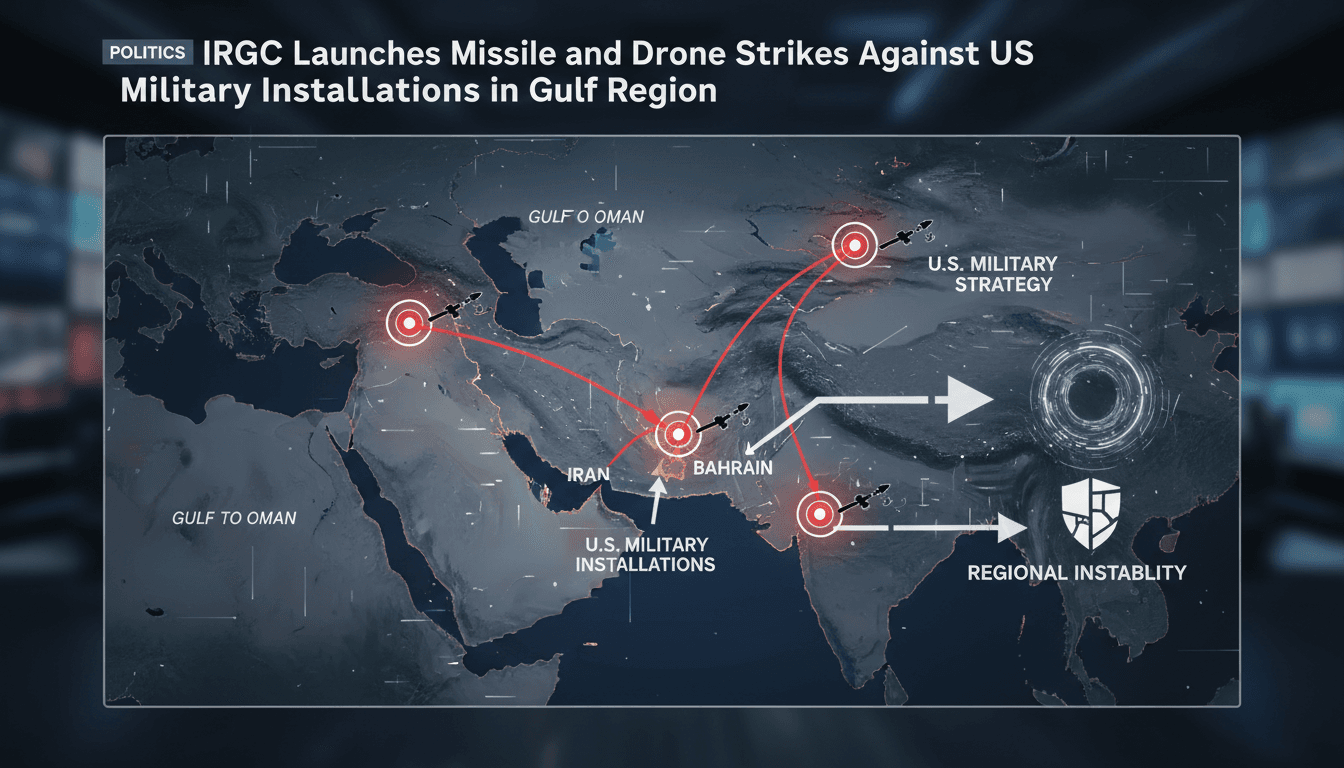Map showing locations of IRGC missile and drone strikes against US military installations in the Gulf region.