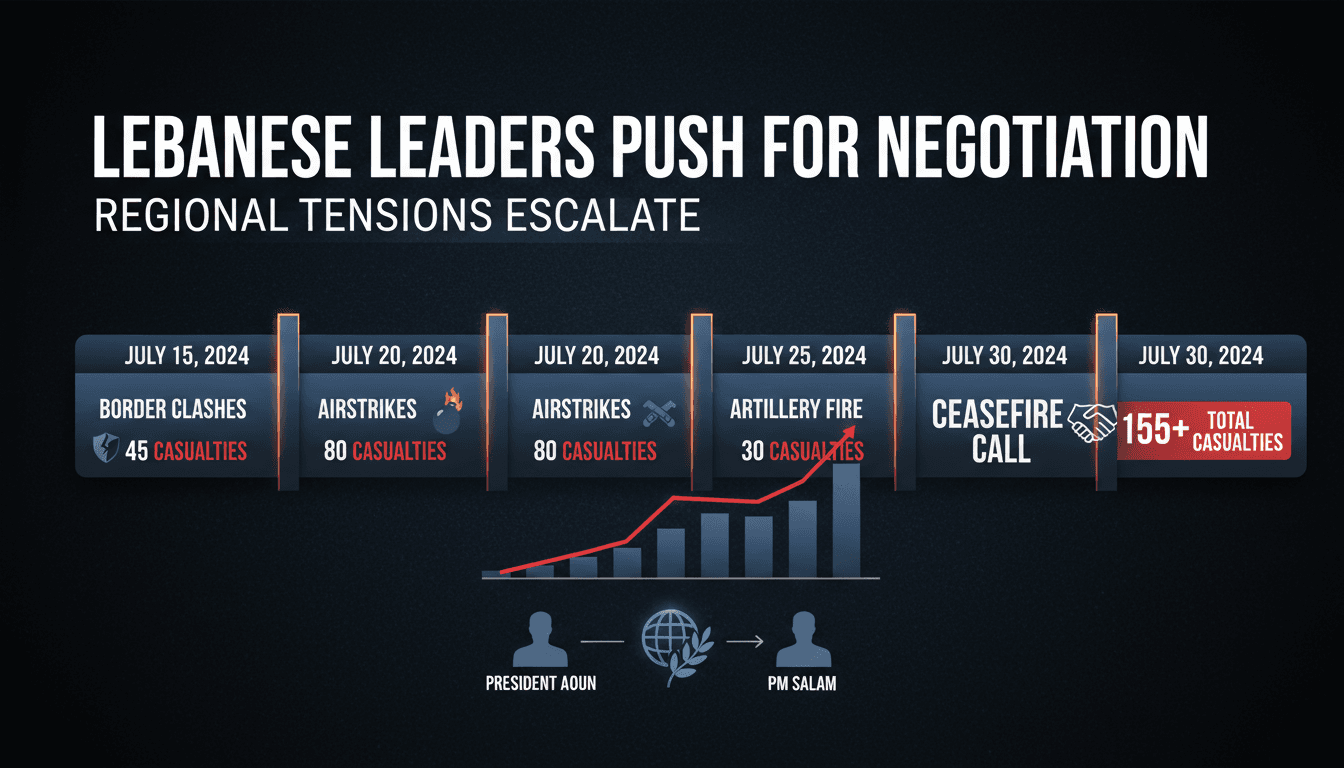 Infographic illustrating Lebanon's recent military confrontations and the push for negotiations by leaders Aoun and Salam.