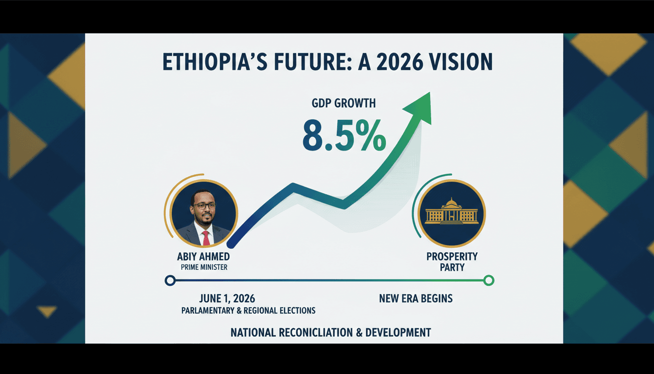 Infographic depicting Ethiopia's economic growth and key election details for 2026.