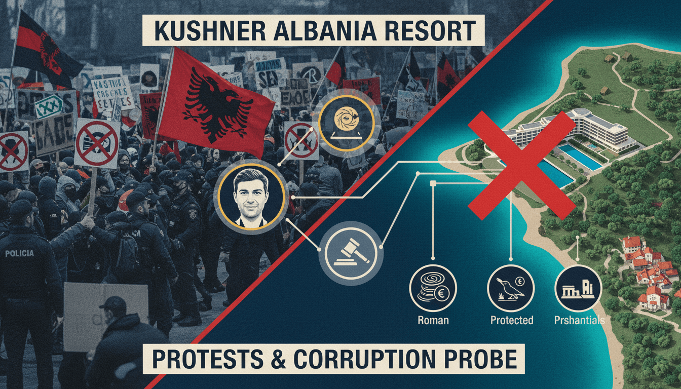 Protesters rally against Jared Kushner's luxury resort project in Albania.