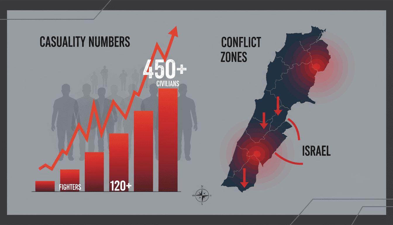 A map highlighting conflict zones in Lebanon with casualty statistics and geopolitical implications.