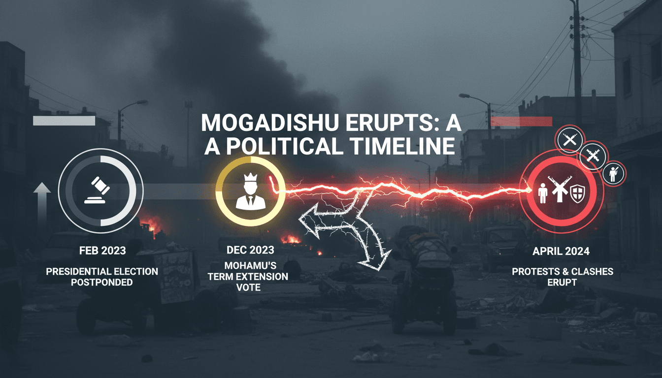 Armed clashes in Mogadishu amid political unrest over presidential term extension.