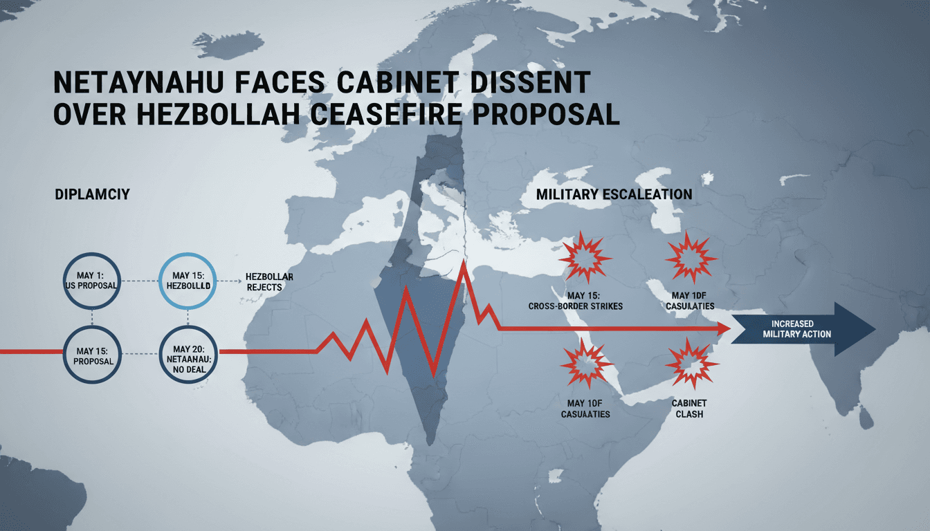 Infographic showing Netanyahu's cabinet meeting on Hezbollah ceasefire proposal and its implications for regional stability.