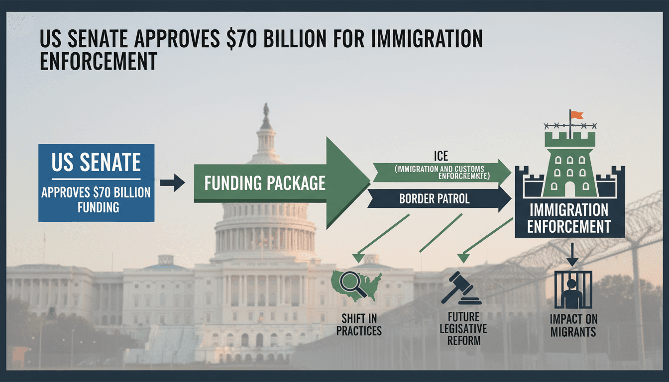 US Senate building with a focus on immigration enforcement funding