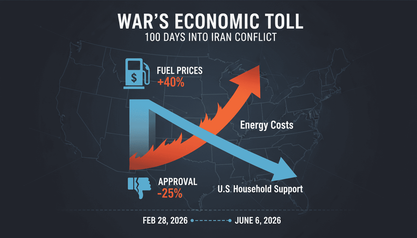 Infographic showing the economic impact of the Iran war on U.S. households, highlighting rising energy costs and public sentiment.