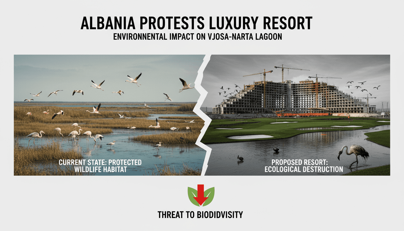 Protesters rally against the luxury resort development in Albania.