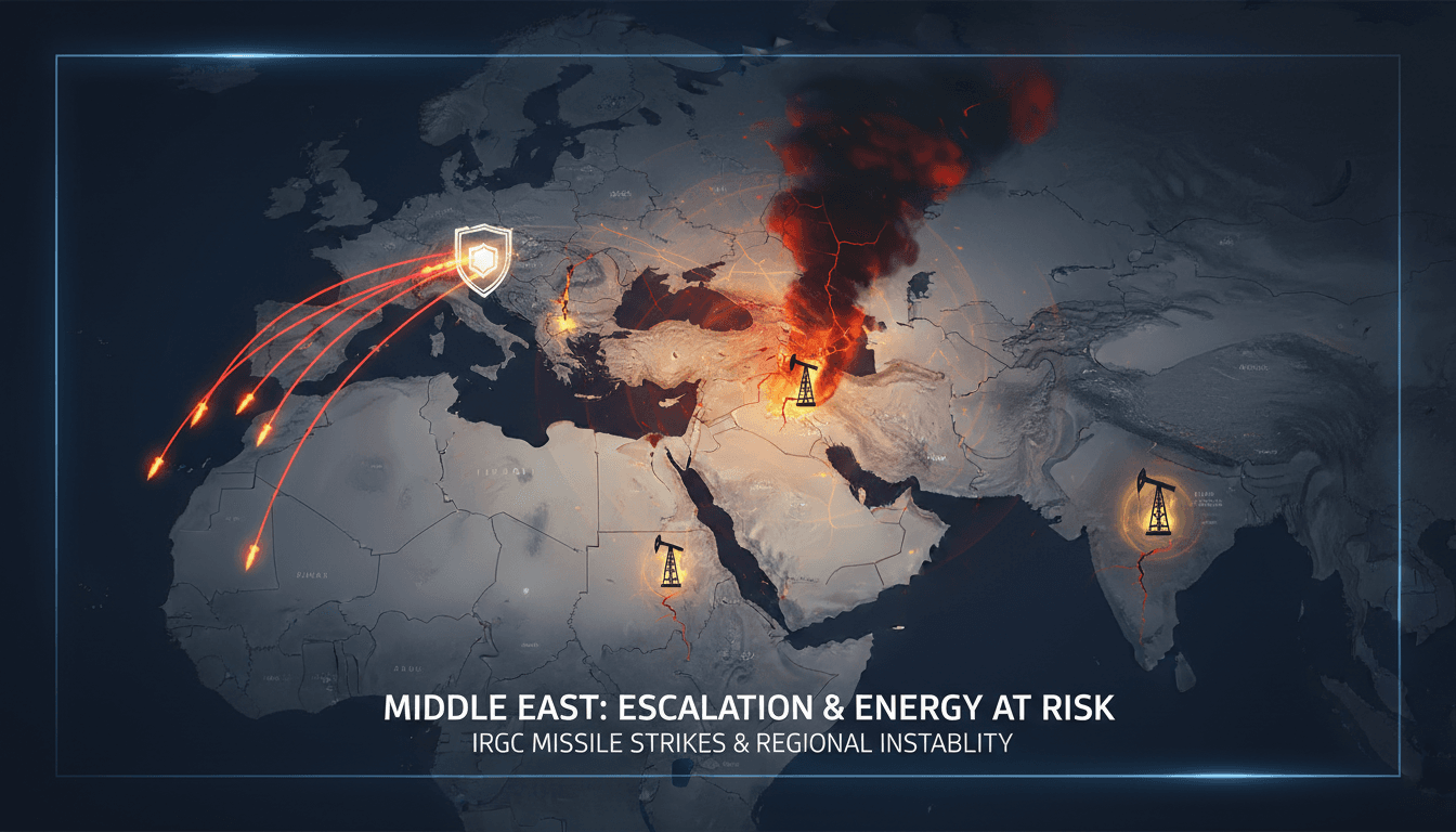 Map showing missile strike locations and potential energy infrastructure impacts in the Middle East.