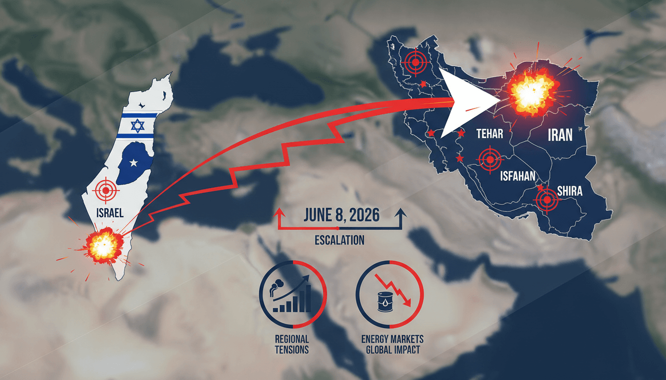 Infographic showing Israeli airstrikes on Iranian cities and their impact on global markets.