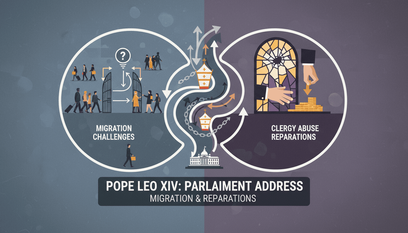 Pope Leo XIV addressing the Spanish parliament on migration and clergy abuse reparations.