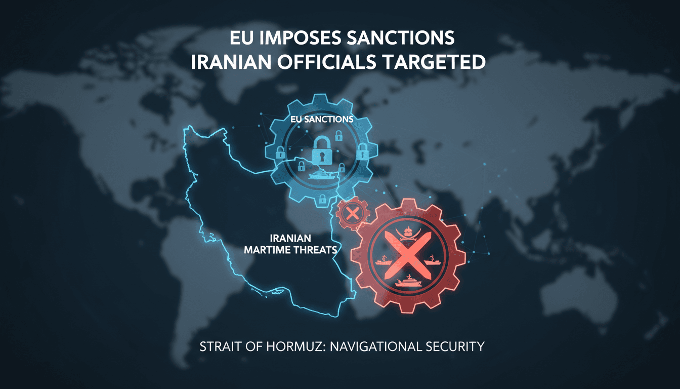 Map highlighting the Strait of Hormuz and recent EU sanctions on Iranian officials.