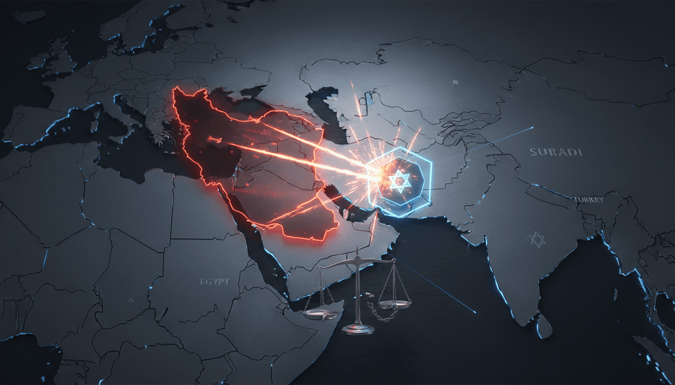 Map highlighting Iran and Israel with military conflict indicators