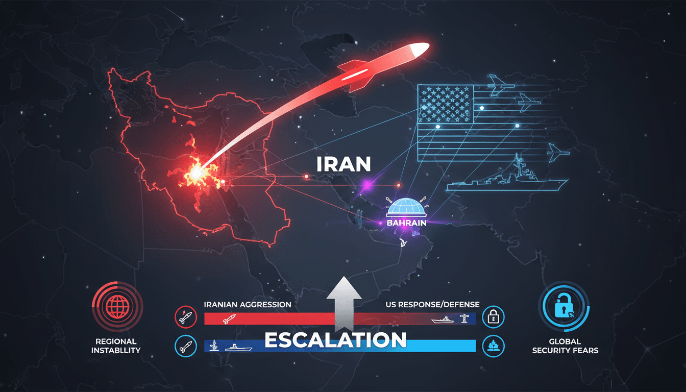 Map highlighting Iran and Bahrain with military action indicators