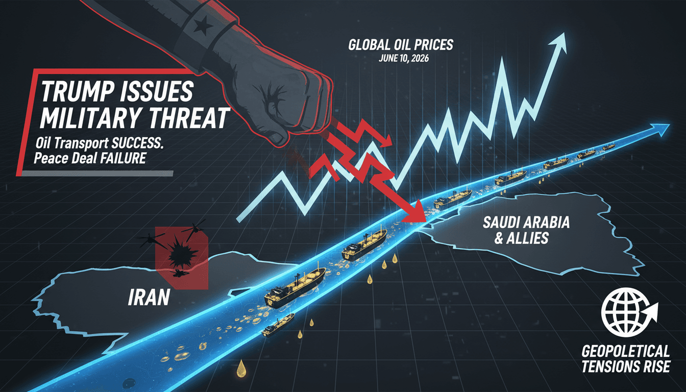 Infographic showing oil transport through the Strait of Hormuz and the impact of military threats on global oil prices.