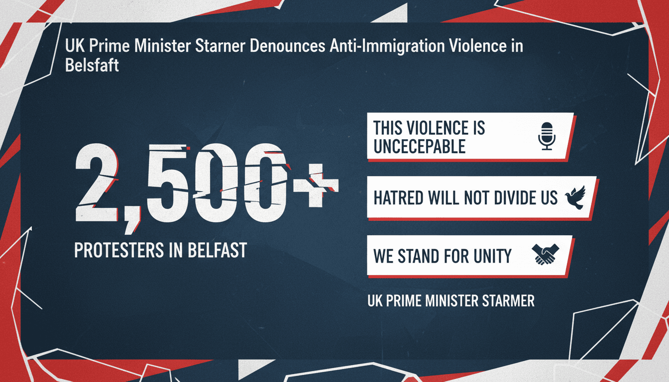A graphic depicting the protests in Belfast with quotes from Prime Minister Starmer on anti-immigration violence.