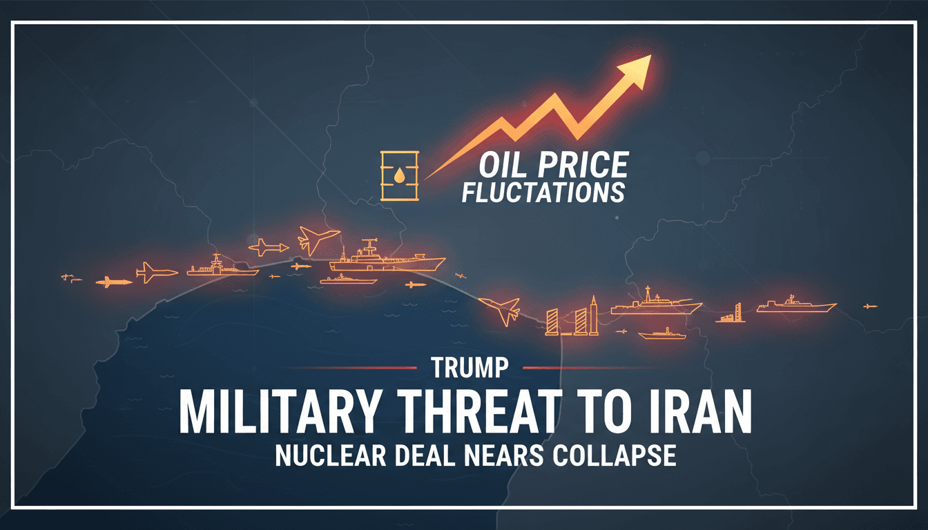 A graphic depicting military tensions in the Strait of Hormuz with oil price fluctuations.
