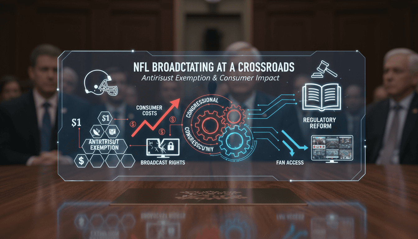 NFL logo with a backdrop of Congress and rising broadcast costs.