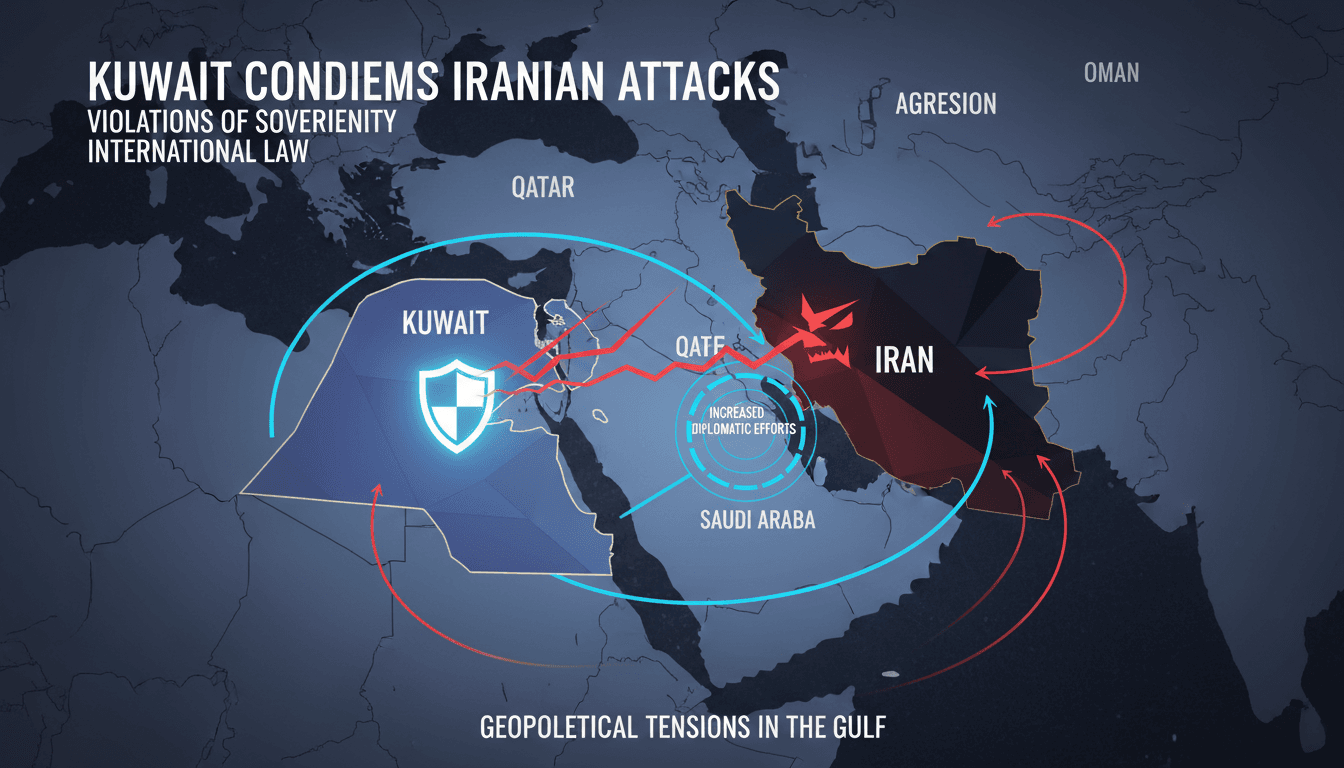 Map of the Gulf region showing Kuwait and Iran with highlighted tensions.