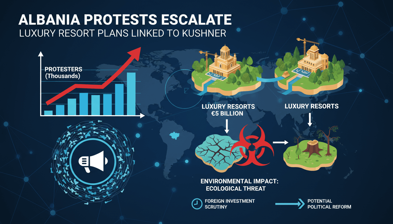 Protesters rallying in Albania against luxury resort plans.