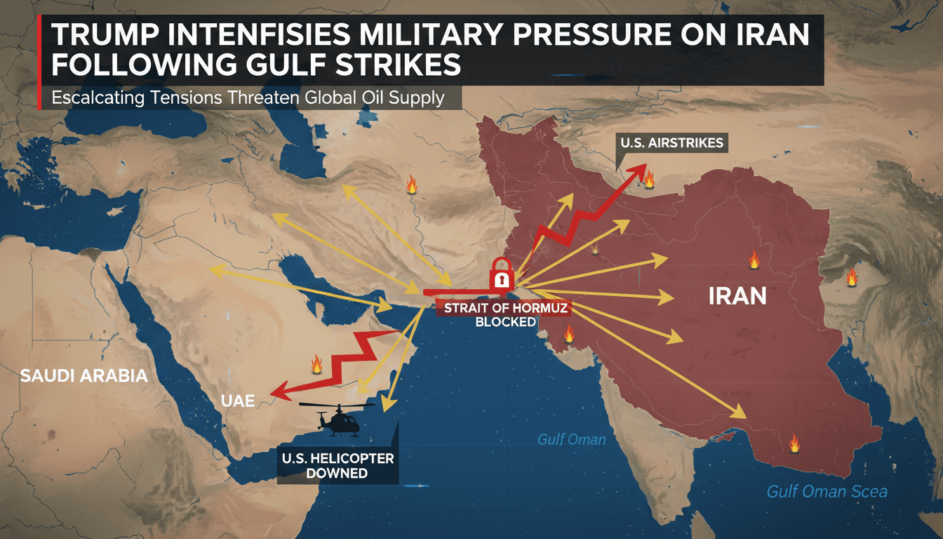 A map highlighting the Strait of Hormuz and recent military actions by the U.S. against Iran.