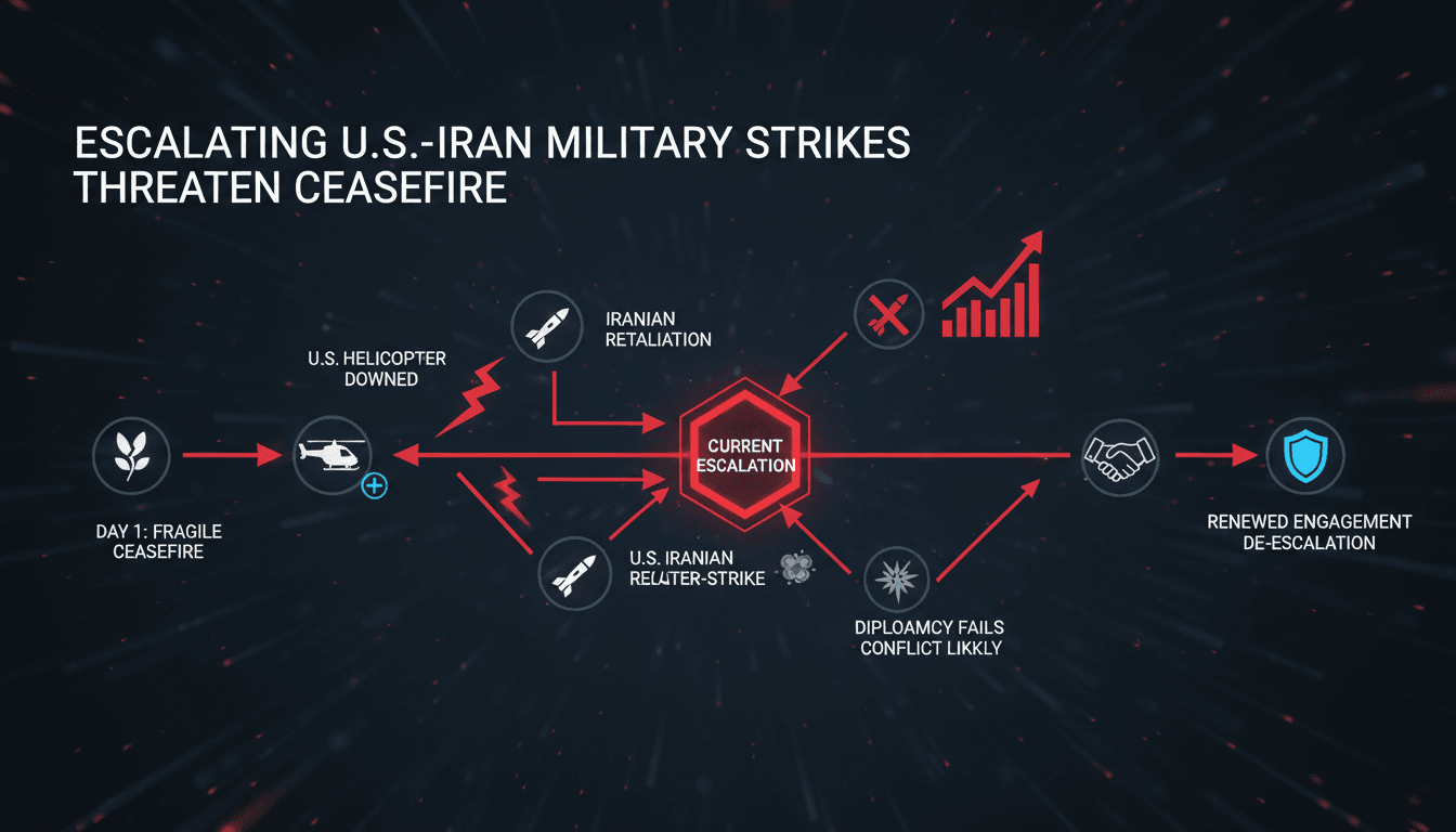U.S. and Iran flags with military imagery representing escalating tensions.