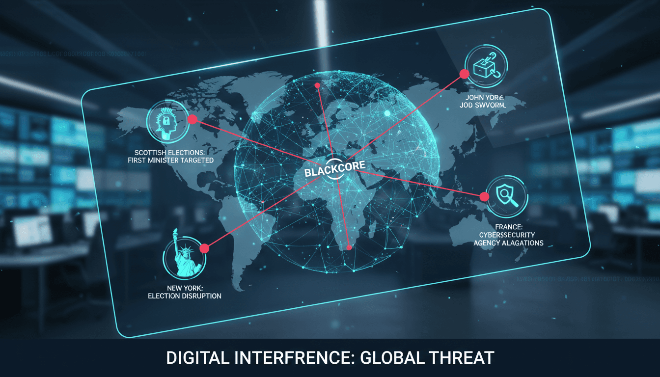 Illustration of digital interference in elections with a focus on BlackCore's allegations.