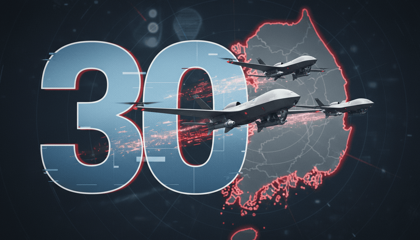 A graphic showing the number "30" with drones, representing the sentencing of former President Yoon Suk-yeol.
