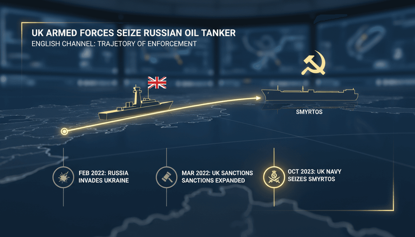 UK armed forces seizing the Russian oil tanker Smyrtos in the English Channel.