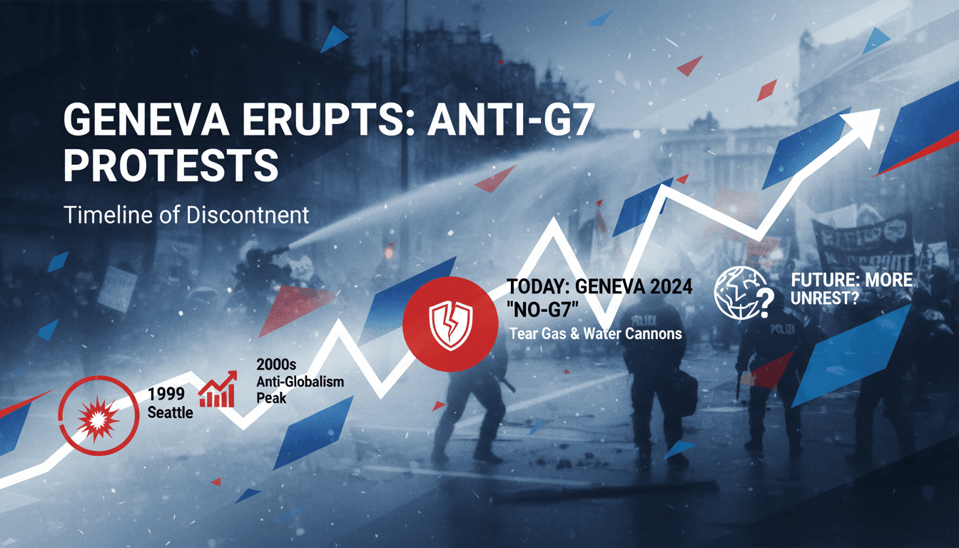 Protesters clashing with police in Geneva during anti-G7 demonstrations.
