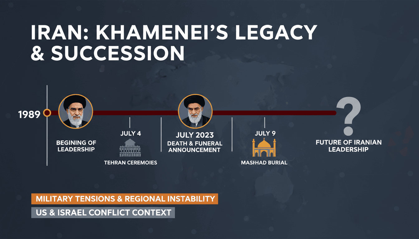A timeline graphic illustrating the leadership of Ayatollah Ali Khamenei and the scheduled funeral events.