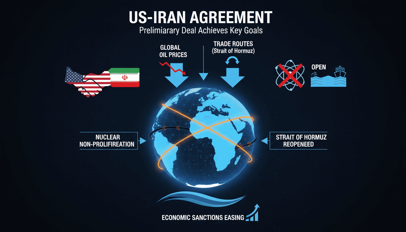 Infographic showing the US-Iran deal's impact on energy prices and trade routes.