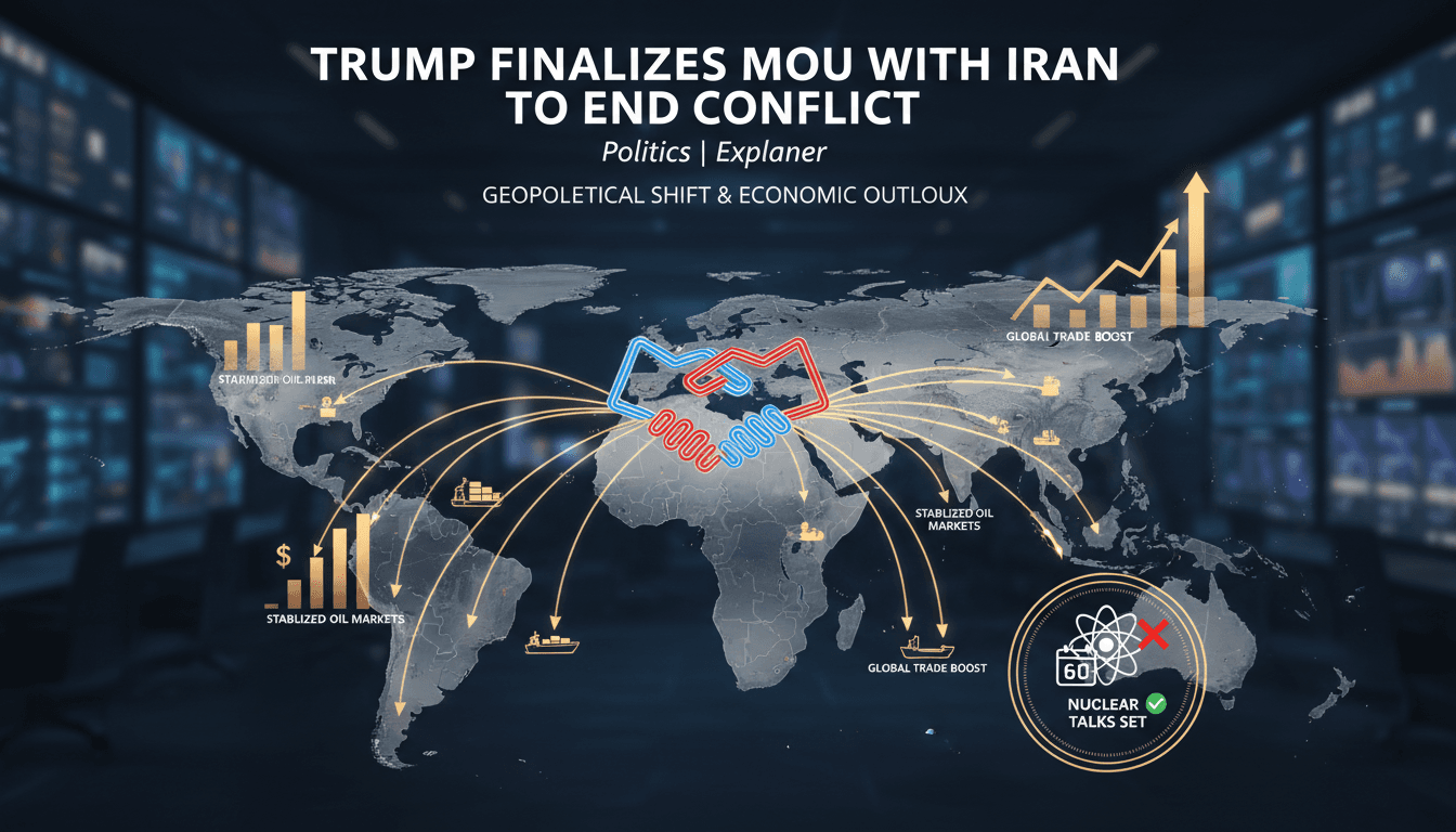 Infographic showing the geopolitical implications of Trump's MOU with Iran, focusing on oil prices and trade routes.