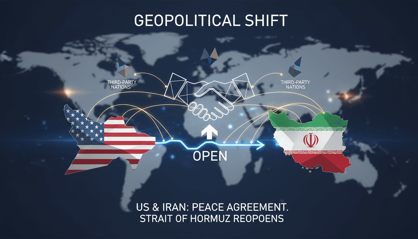 US and Iran leaders shaking hands with a backdrop of the Strait of Hormuz