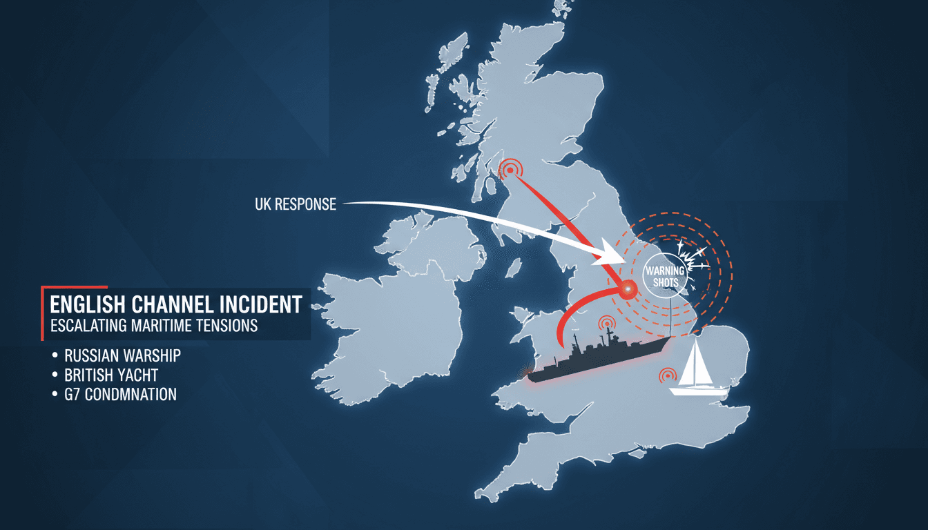 Russian warship in the English Channel near a British yacht