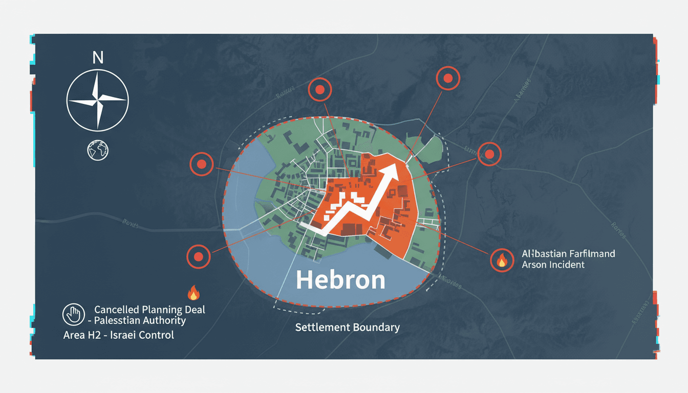 Map showing the location of the Jewish school expansion in Hebron and recent violence incidents.