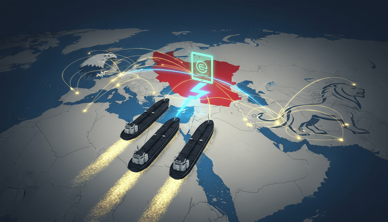 Illustration of the Strait of Hormuz with oil tankers, emphasizing its role in global oil transport.