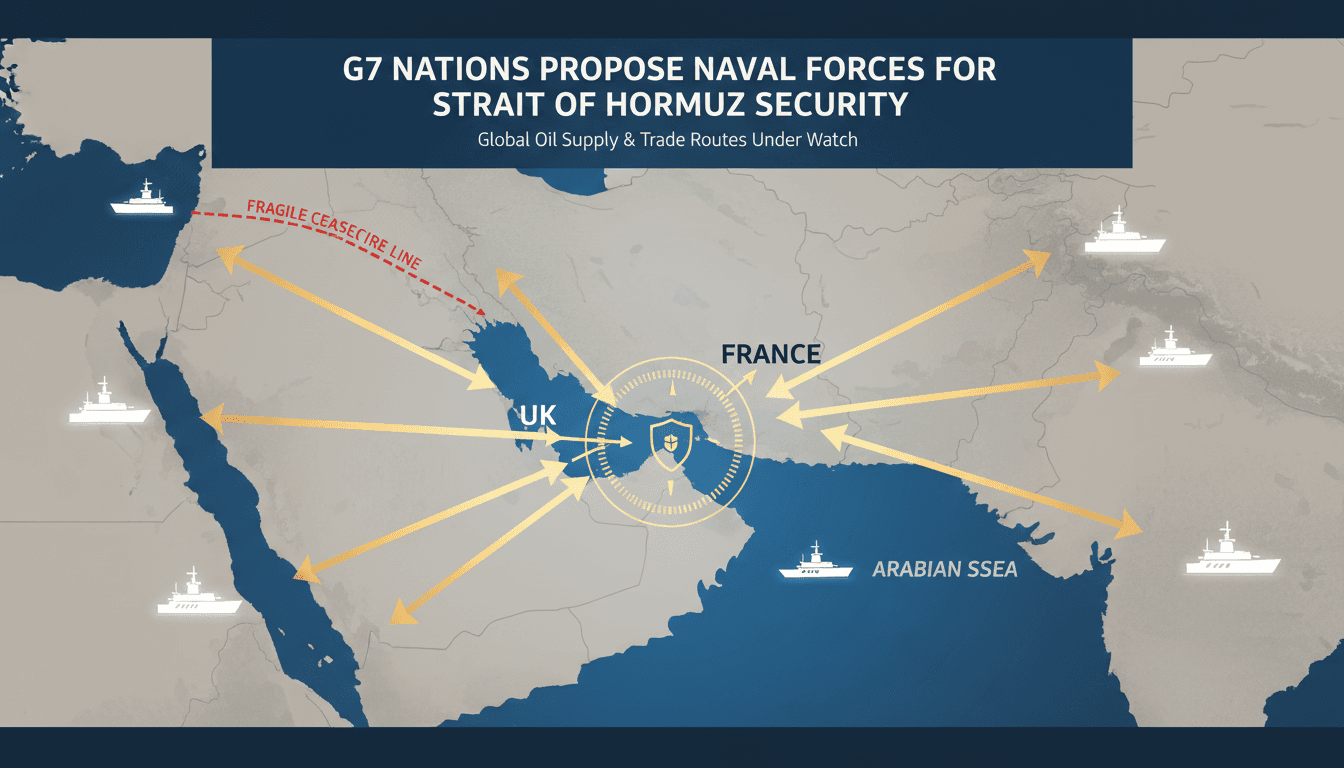 A map highlighting the Strait of Hormuz with oil supply routes and proposed military assistance from G7 nations.