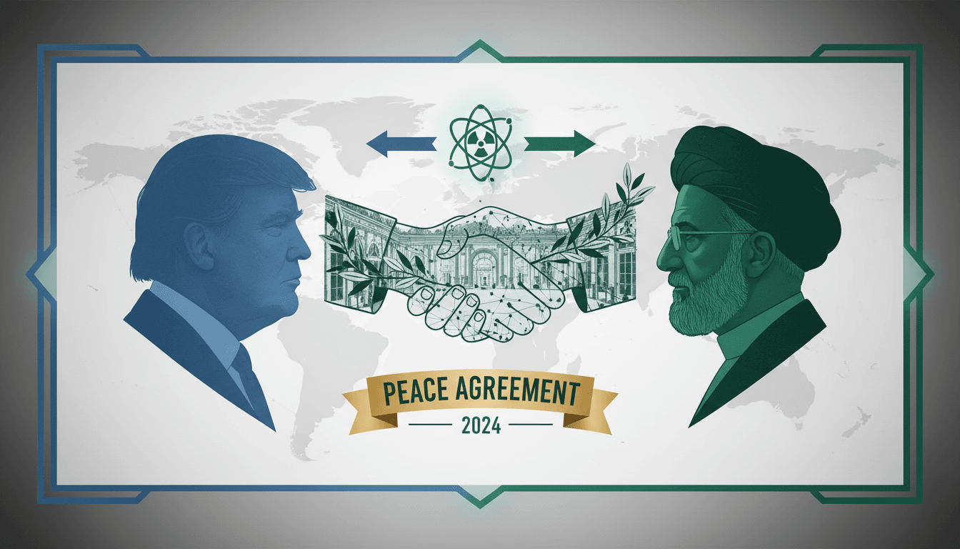 President Trump and Iranian President signing a peace agreement at the Palace of Versailles.